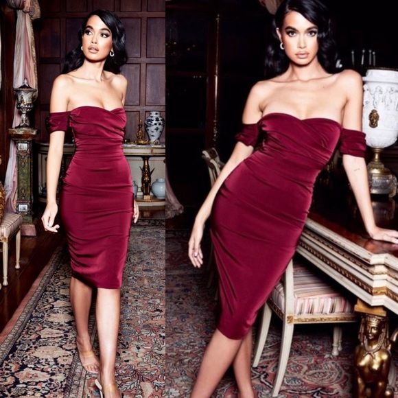 House of CB Dresses & Skirts - House of CB | Anaelle Wine Stretch Crepe Bodycon Off Shoulder Midi Dress Medium